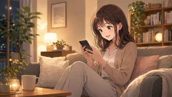 夜のリビングでスマホ漫画を楽しむ日本人女性のアニメ風イラスト