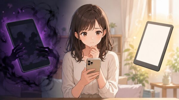 怪しい端末と安全な端末の間で悩む日本人女性のイラスト