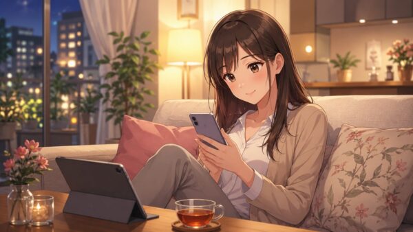 仕事終わりにスマホで漫画を読む日本人女性