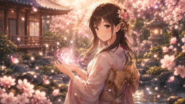 桜咲く庭で光を手にする和装の日本人女性