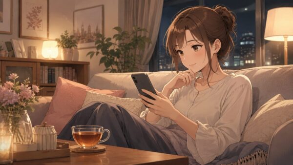 夜のリビングでスマホ漫画を読む日本人女性