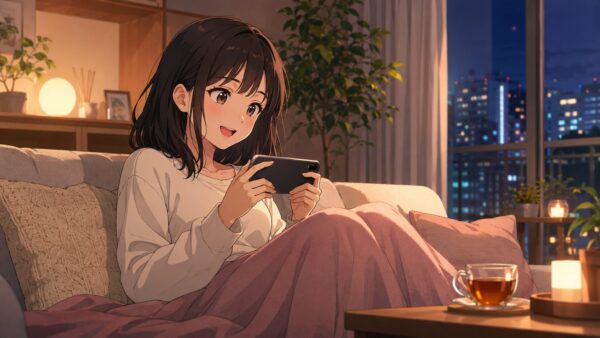 夜のリビングでスマホ漫画を楽しむ日本人女性