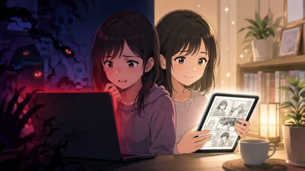 危険なサイトと安全な電子漫画閲覧を比べる女性