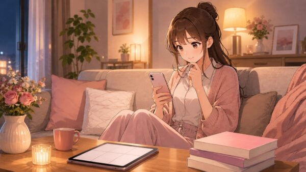 夜のリビングでスマホを見ながら漫画を探す日本人女性