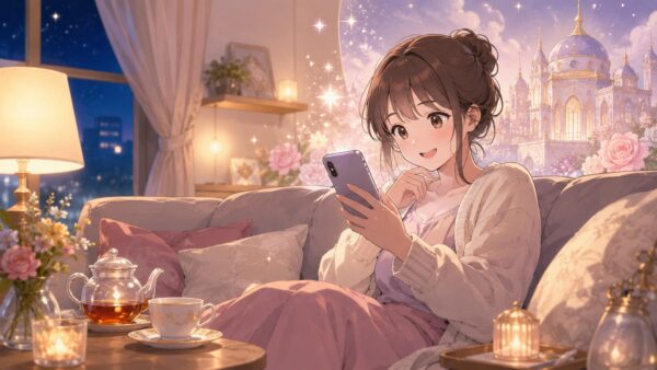 夜の部屋でスマホ漫画を読む女性と幻想的な宮殿の雰囲気