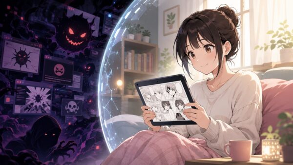 安全な漫画閲覧と違法サイトの危険性を対比した女性の場面