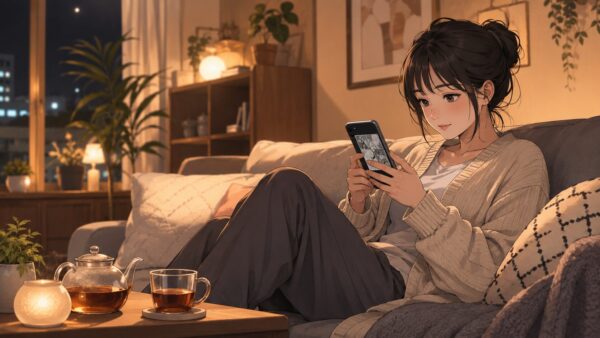夜の部屋でスマホ漫画を読む日本人女性のアニメイラスト