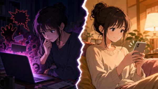 危険なサイトと安全な読書を対比した日本人女性のイラスト