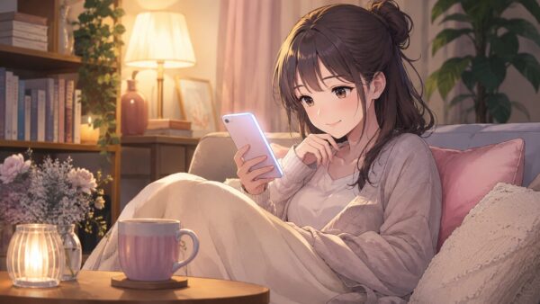 自宅でスマホ漫画を楽しむ20代女性のくつろぎ風景