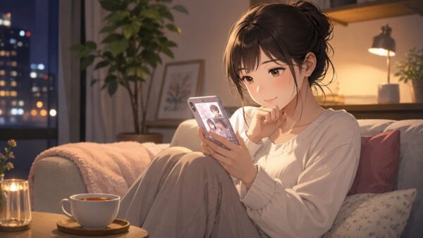 夜の部屋でスマホ漫画を楽しむ20代日本人女性