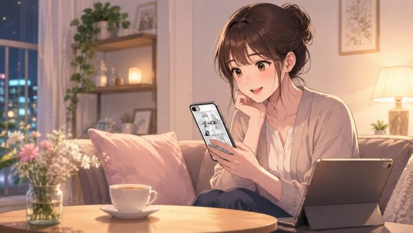 仕事後にスマホで漫画を読む日本人女性と電子書籍の画面