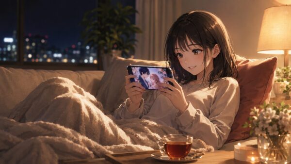 仕事終わりにスマホで恋愛漫画を楽しむ日本人女性